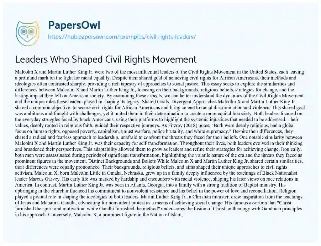 Essay on Leaders Who Shaped Civil Rights Movement
