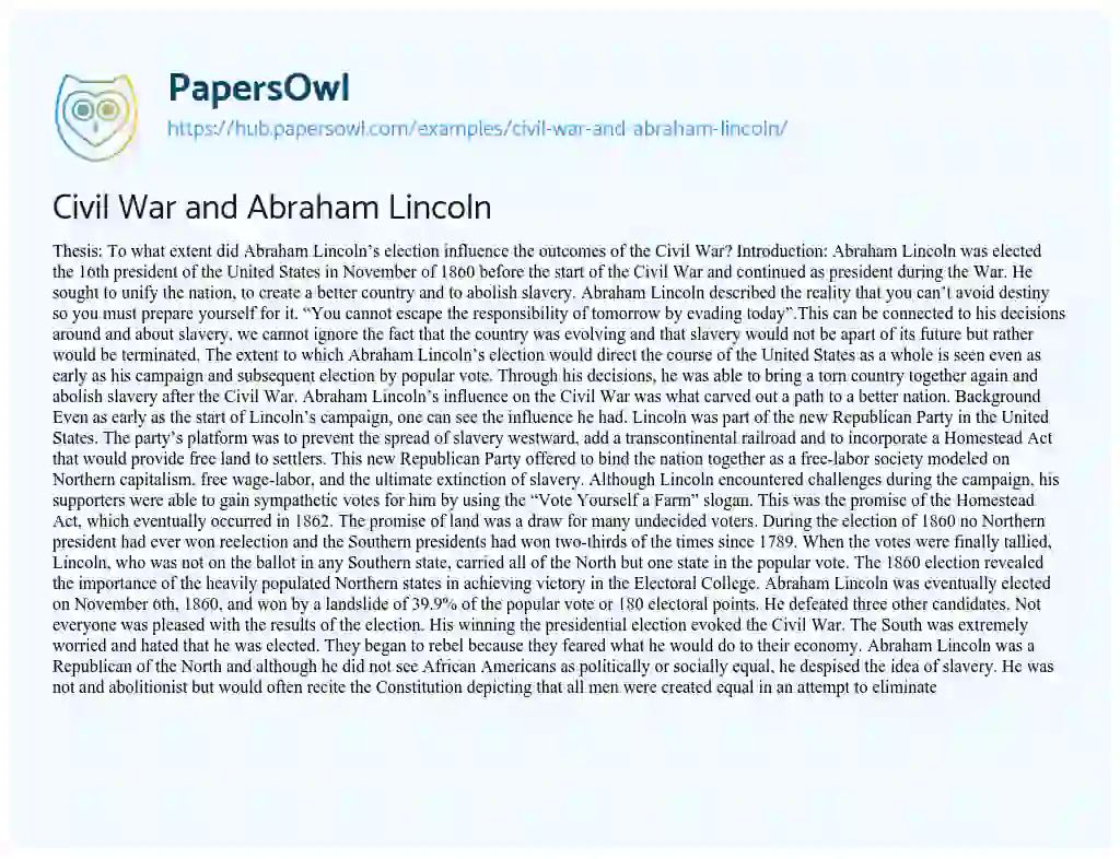 Essay on Civil War and Abraham Lincoln