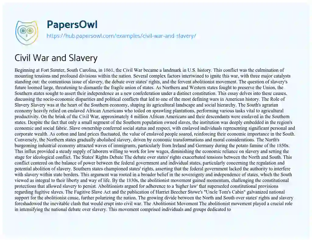 Essay on Civil War and Slavery