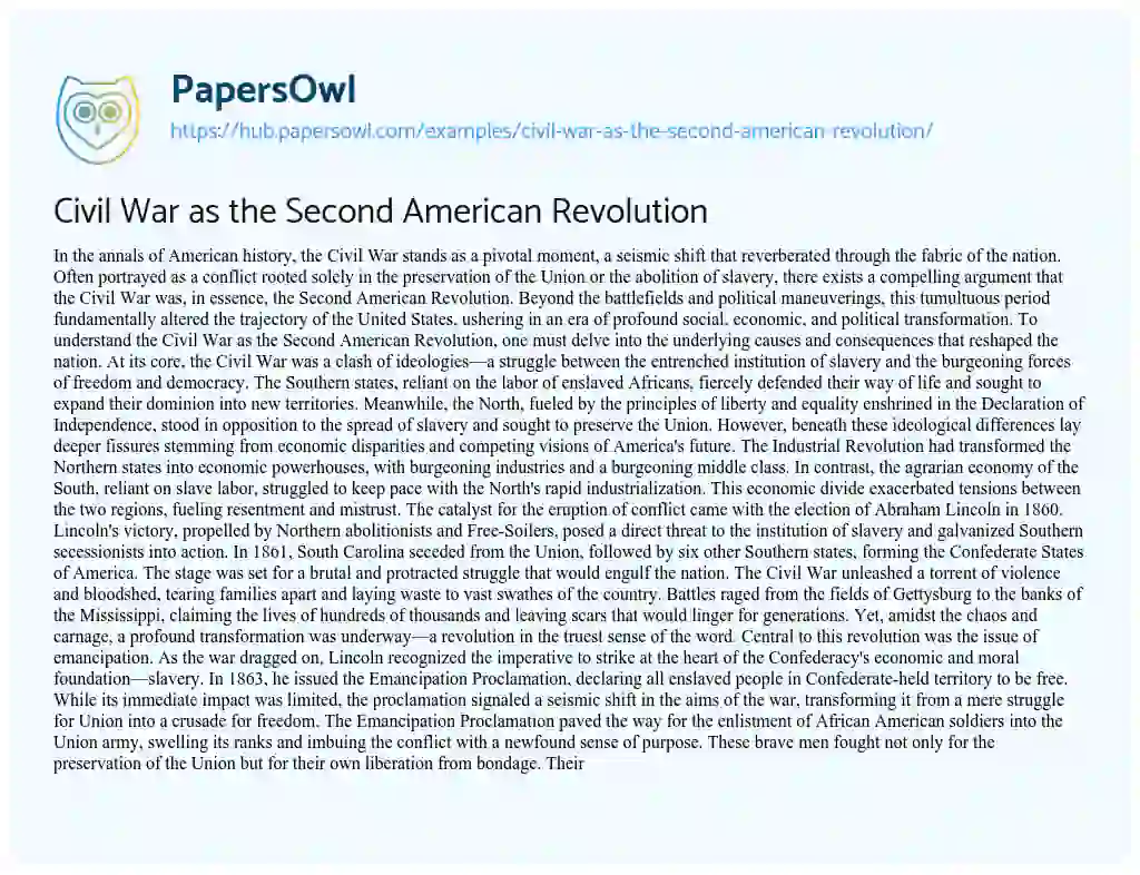 Essay on Civil War as the Second American Revolution