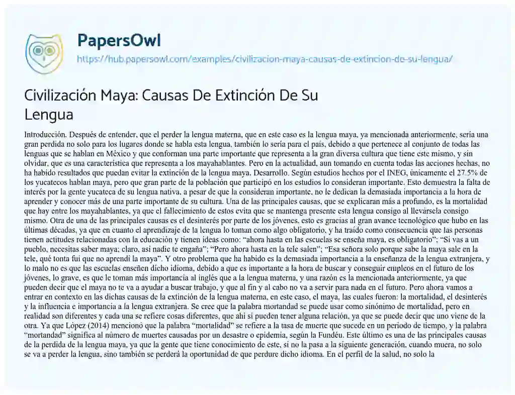 Essay on Civilización Maya: Causas De Extinción De Su Lengua
