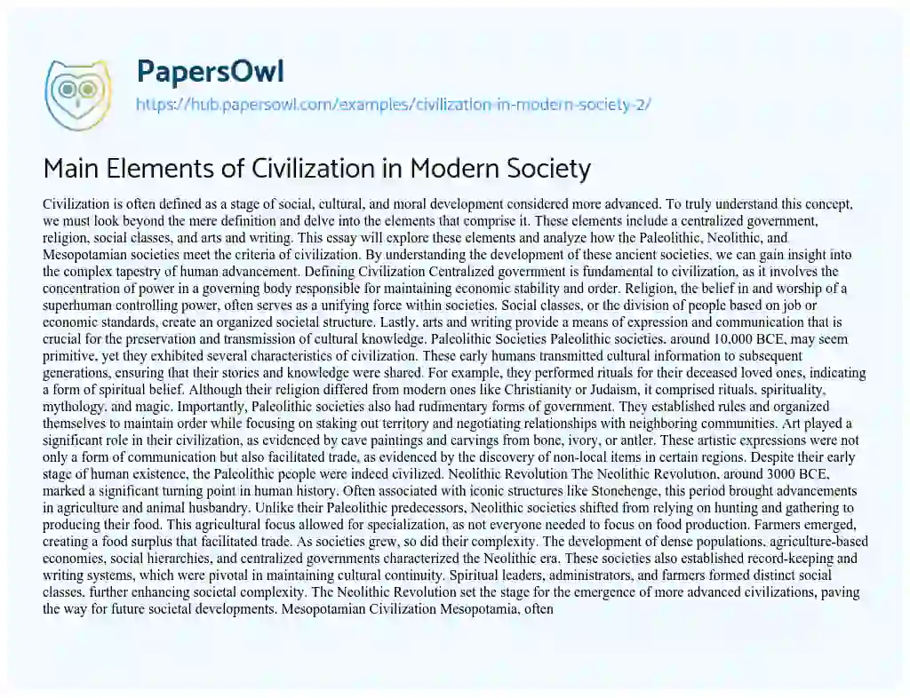 Essay on Main Elements of Civilization in Modern Society