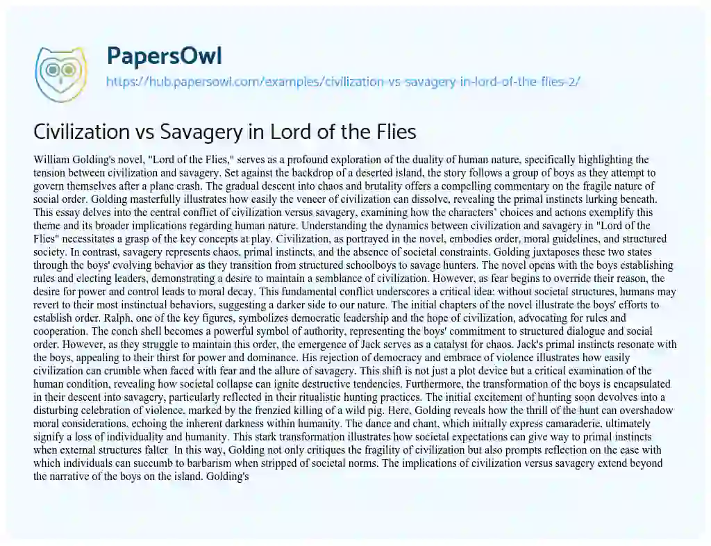 Essay on Civilization vs Savagery in Lord of the Flies