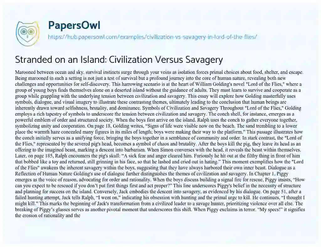 Essay on Stranded on an Island: Civilization Versus Savagery