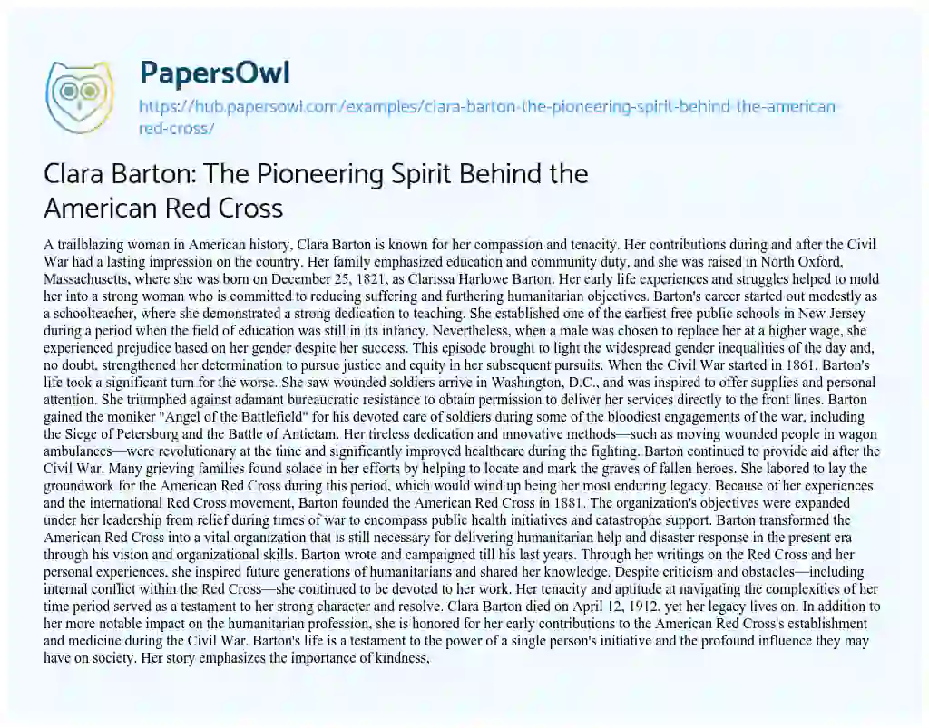 Essay on Clara Barton: The Pioneering Spirit Behind the American Red Cross