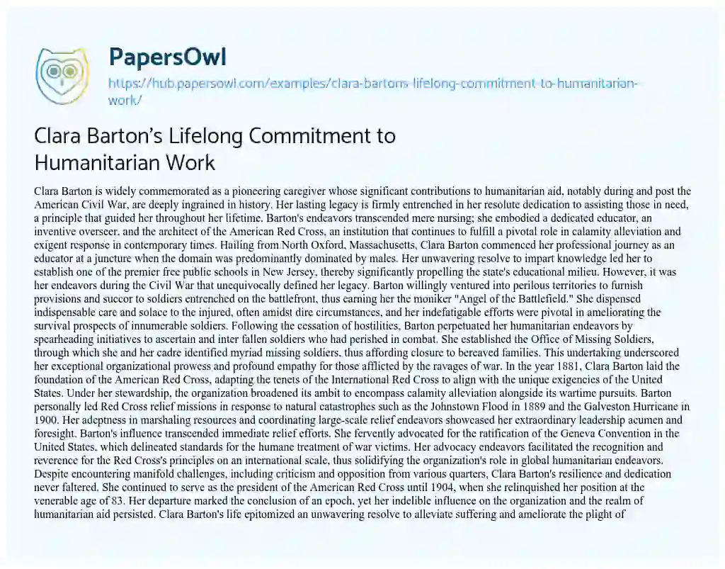 Essay on Clara Barton’s Lifelong Commitment to Humanitarian Work