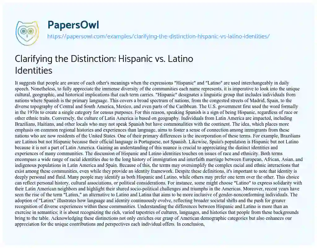Essay on Clarifying the Distinction: Hispanic vs. Latino Identities