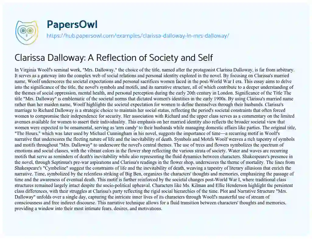 Essay on Clarissa Dalloway: A Reflection of Society and Self