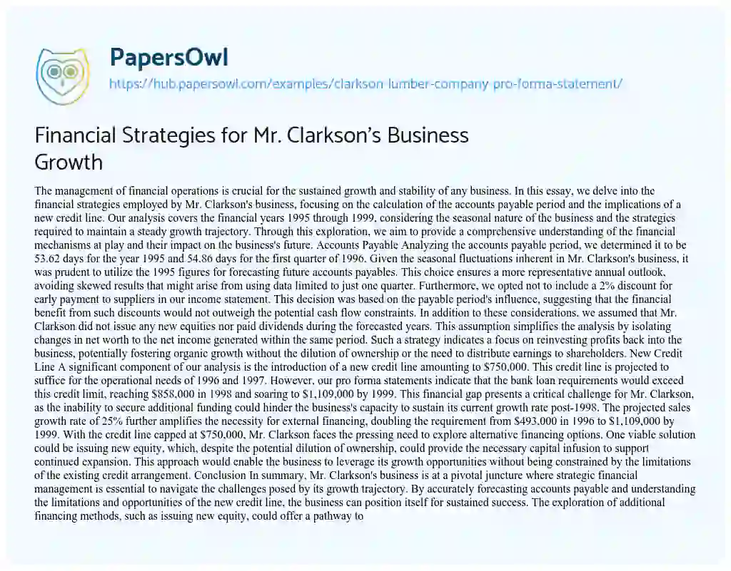 Essay on Financial Strategies for Mr. Clarkson’s Business Growth