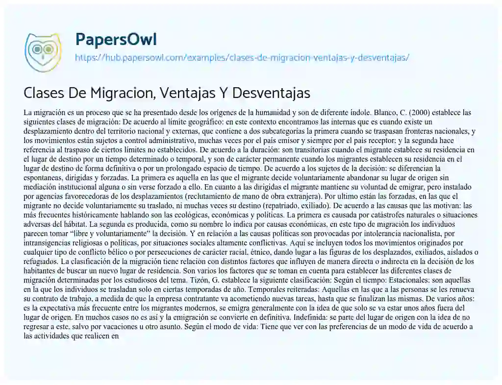 Essay on Clases De Migracion, Ventajas Y Desventajas