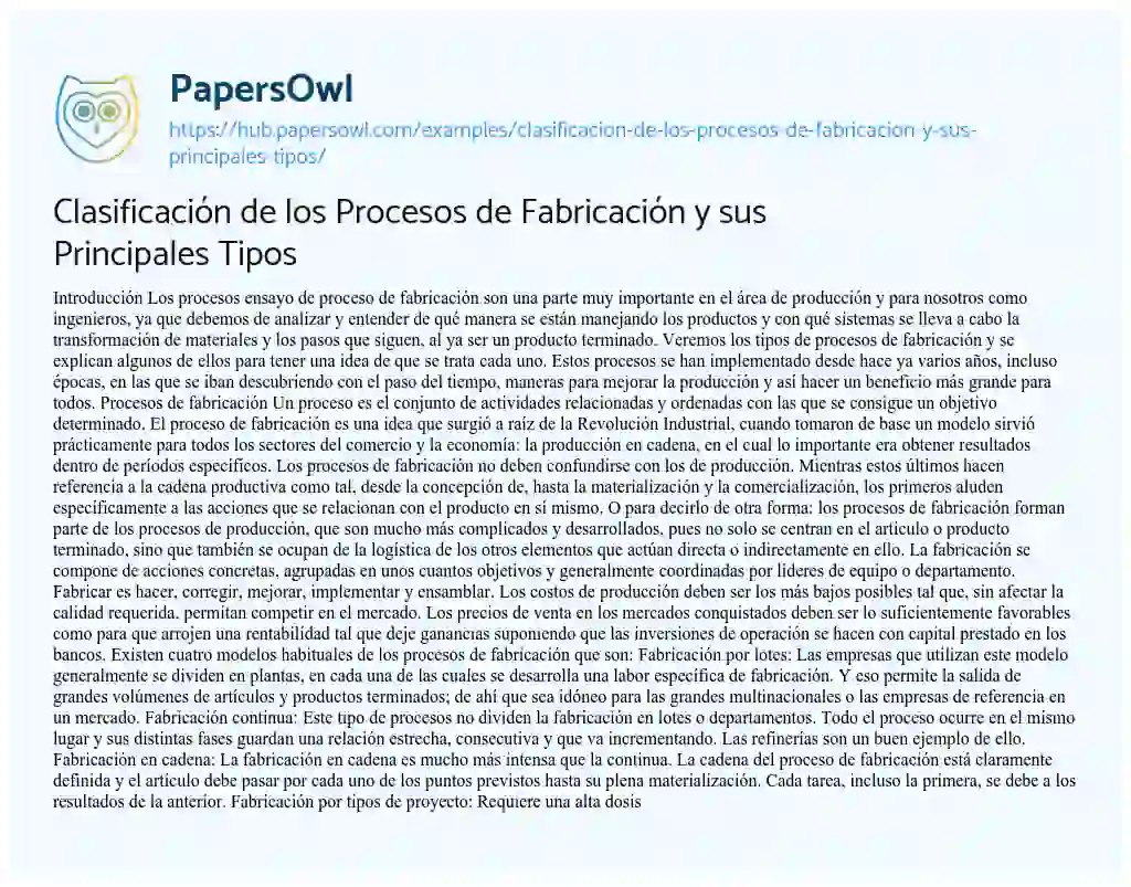 Essay on Clasificación de los Procesos de Fabricación y sus Principales Tipos