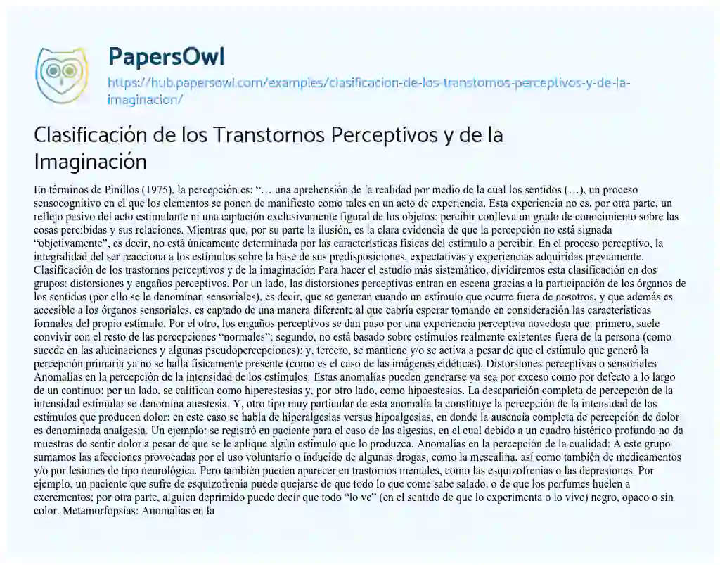 Essay on Clasificación de los Transtornos Perceptivos y de la Imaginación