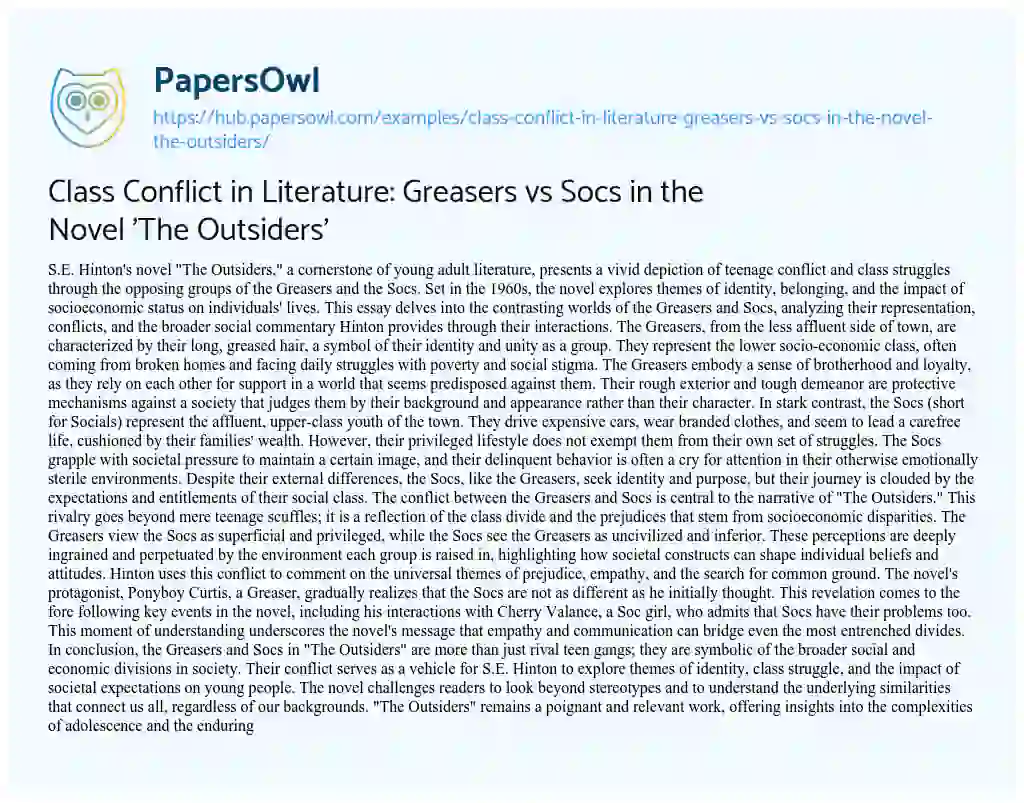 Essay on Class Conflict in Literature: Greasers vs Socs in the Novel ‘The Outsiders’