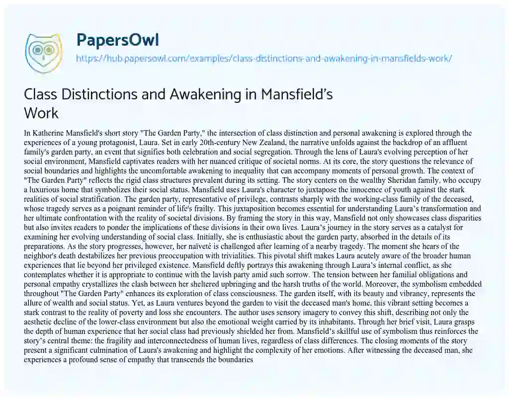 Essay on Class Distinctions and Awakening in Mansfield’s Work