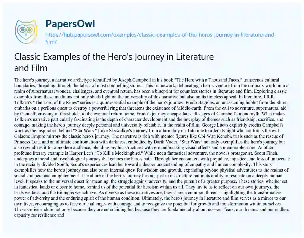 Essay on Classic Examples of the Hero’s Journey in Literature and Film