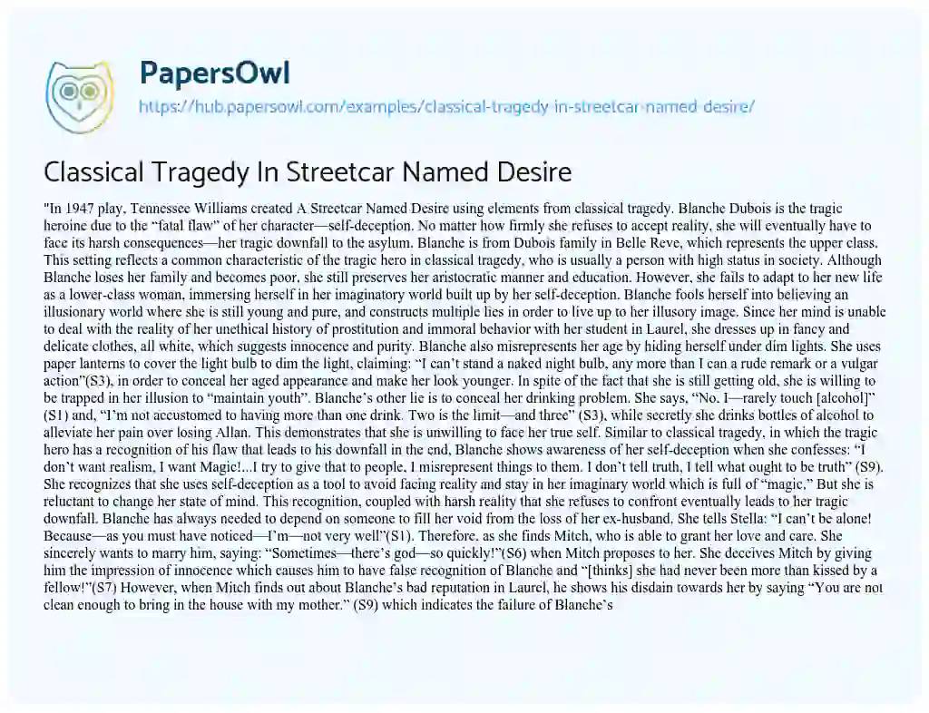 Essay on Classical Tragedy In Streetcar Named Desire