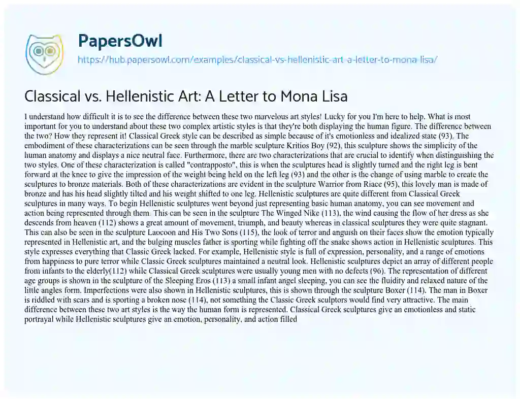 Essay on Classical vs. Hellenistic Art: A Letter to Mona Lisa