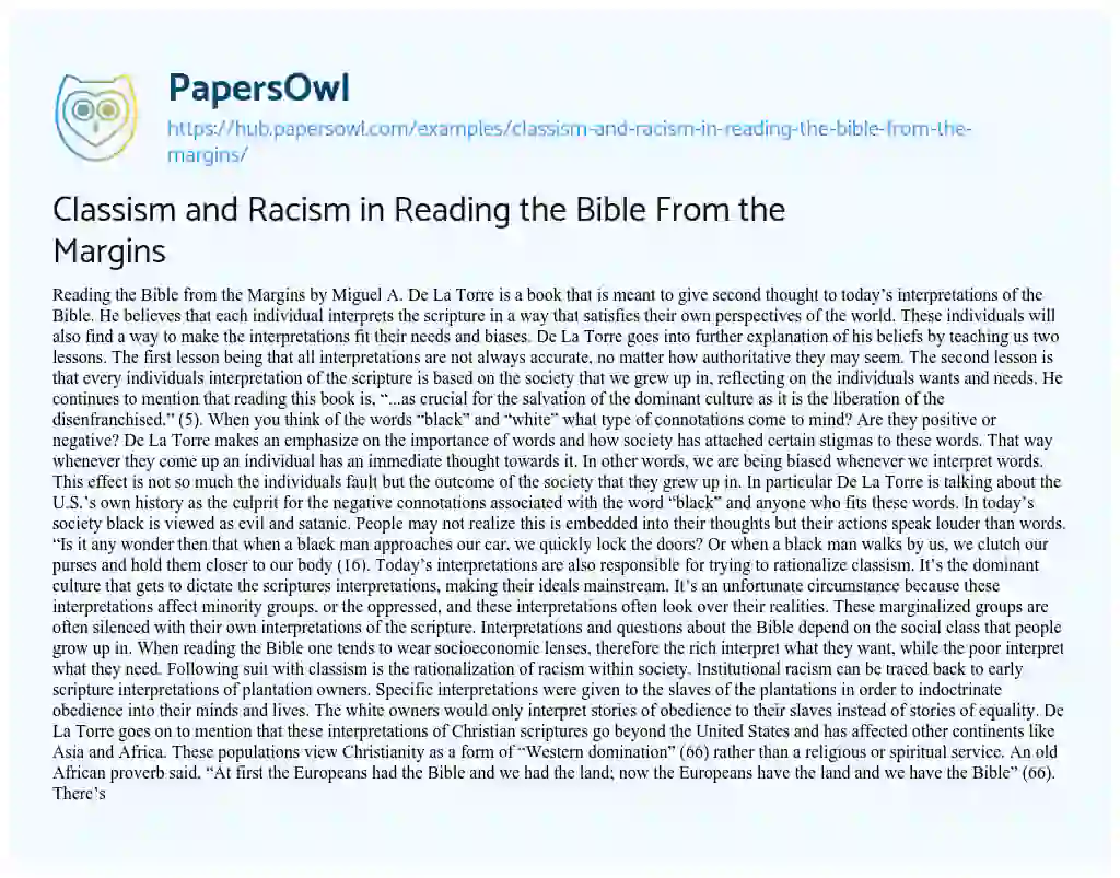 Essay on Classism and Racism in Reading the Bible From the Margins