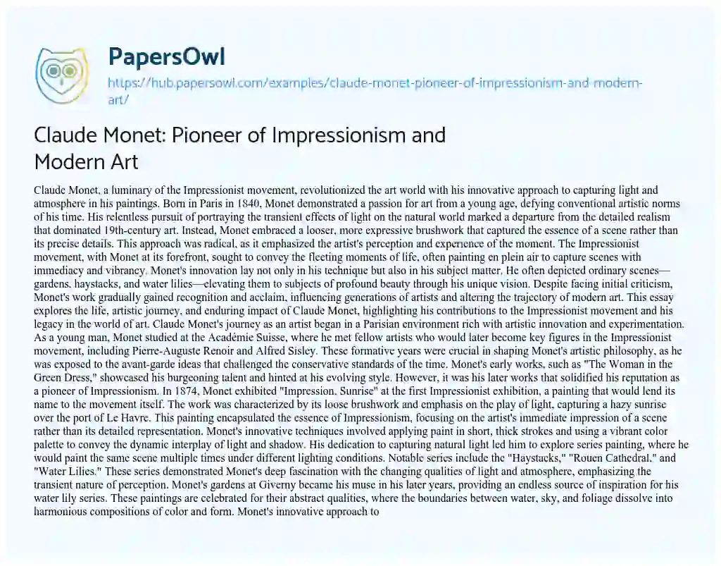 Essay on Claude Monet: Pioneer of Impressionism and Modern Art