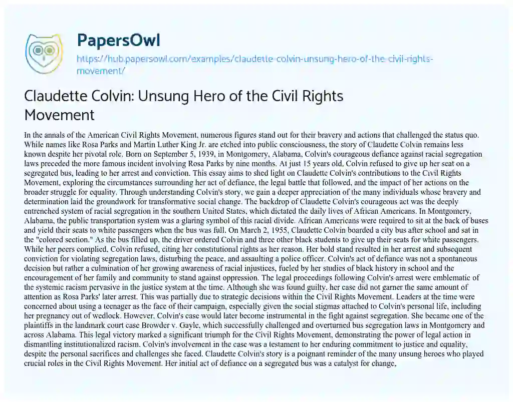 Essay on Claudette Colvin: Unsung Hero of the Civil Rights Movement