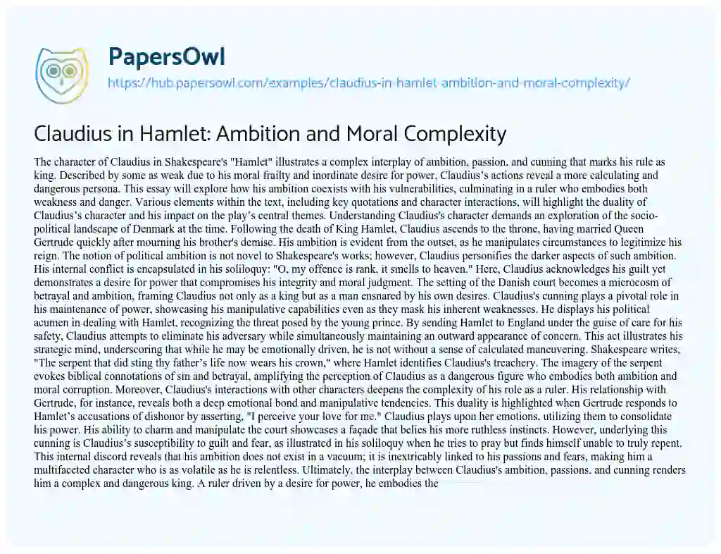 Essay on Claudius in Hamlet: Ambition and Moral Complexity