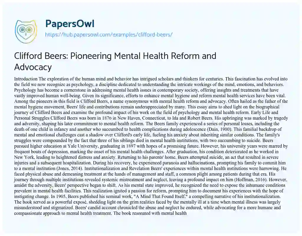 Essay on Clifford Beers: Pioneering Mental Health Reform and Advocacy