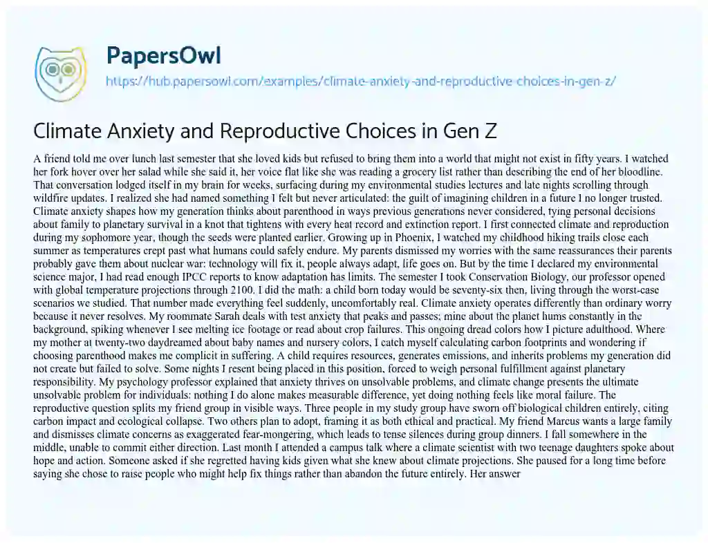 Essay on Climate Anxiety and Reproductive Choices in Gen Z