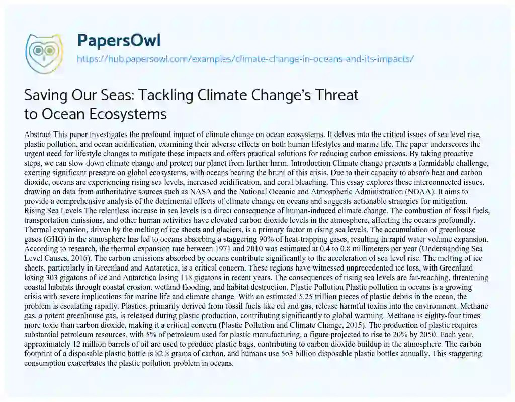 Essay on Saving Our Seas: Tackling Climate Change’s Threat to Ocean Ecosystems
