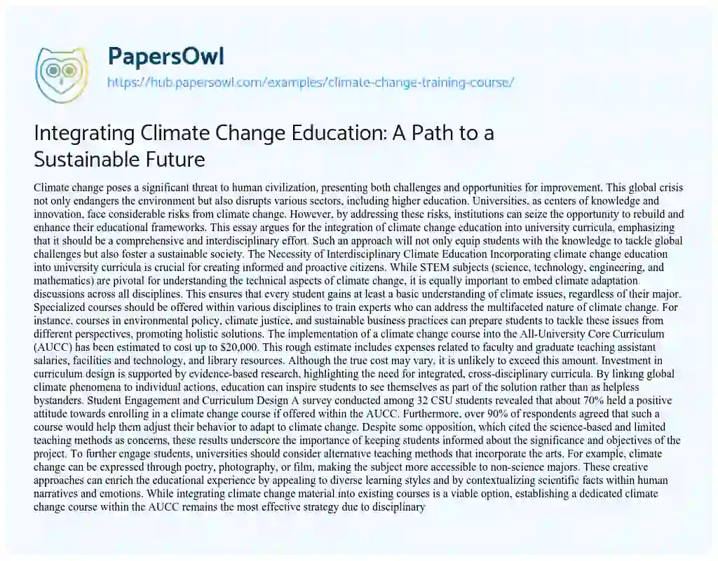 Essay on Integrating Climate Change Education: A Path to a Sustainable Future
