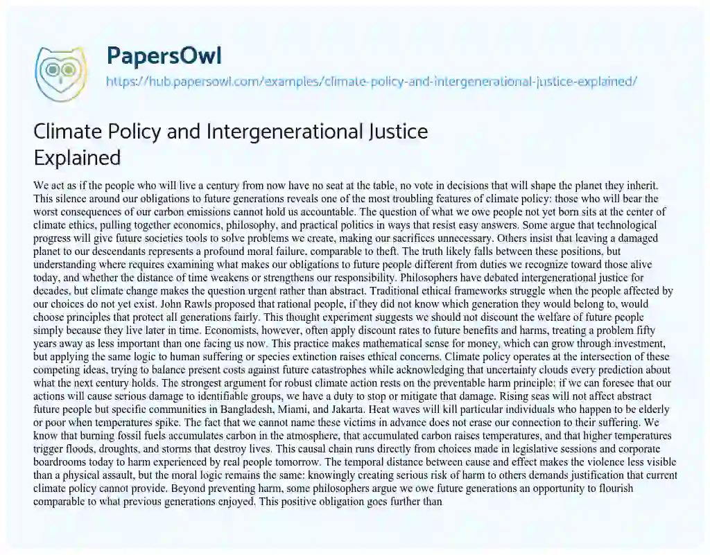 Essay on Climate Policy and Intergenerational Justice Explained