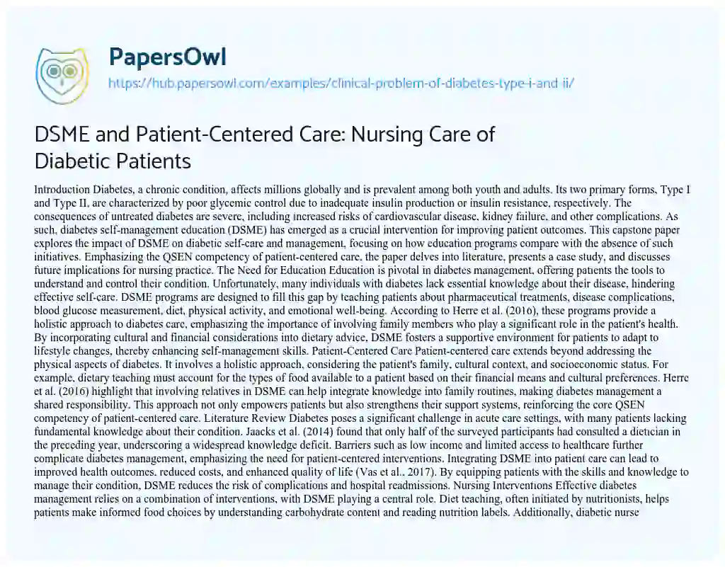 Essay on DSME and Patient-Centered Care: Nursing Care of Diabetic Patients