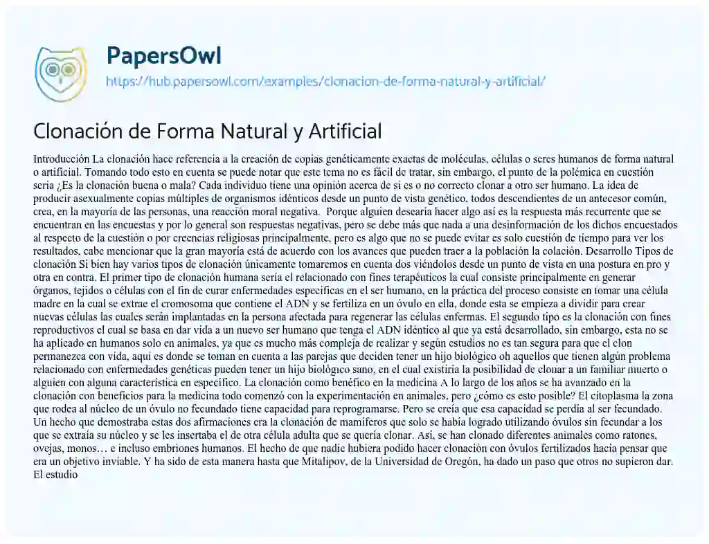 Essay on Clonación de Forma Natural y Artificial