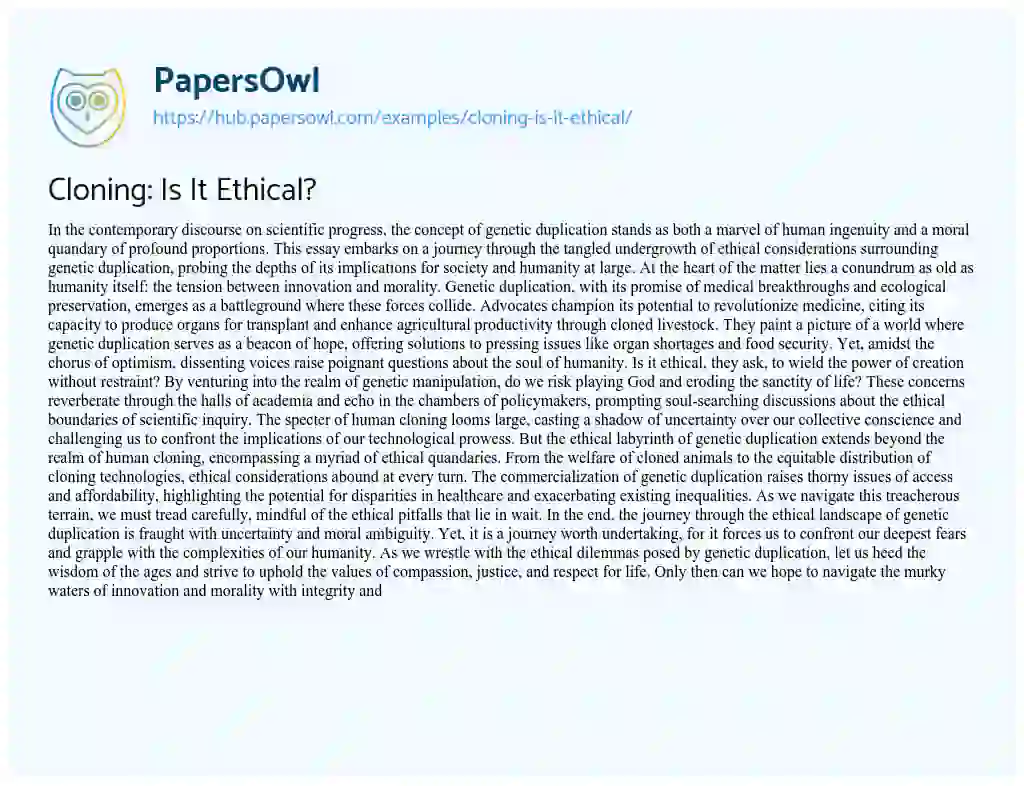 Essay on Cloning: Is It Ethical?