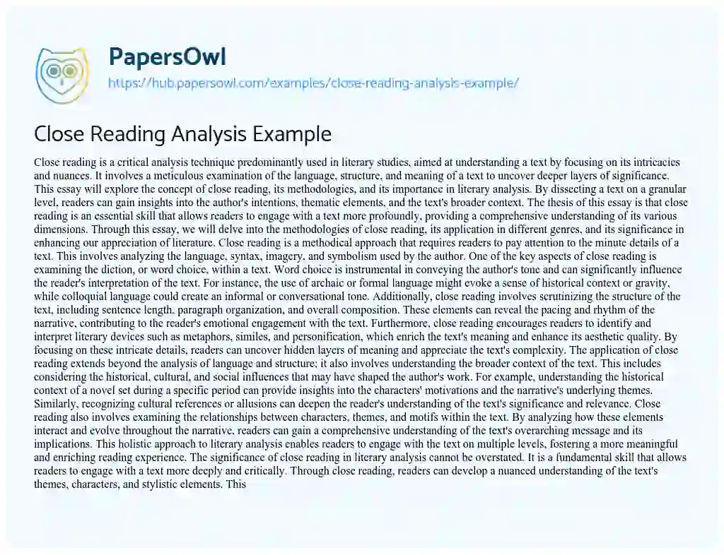 Essay on Close Reading Analysis Example