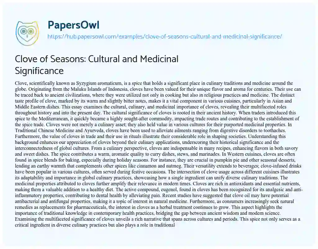 Essay on Clove of Seasons: Cultural and Medicinal Significance