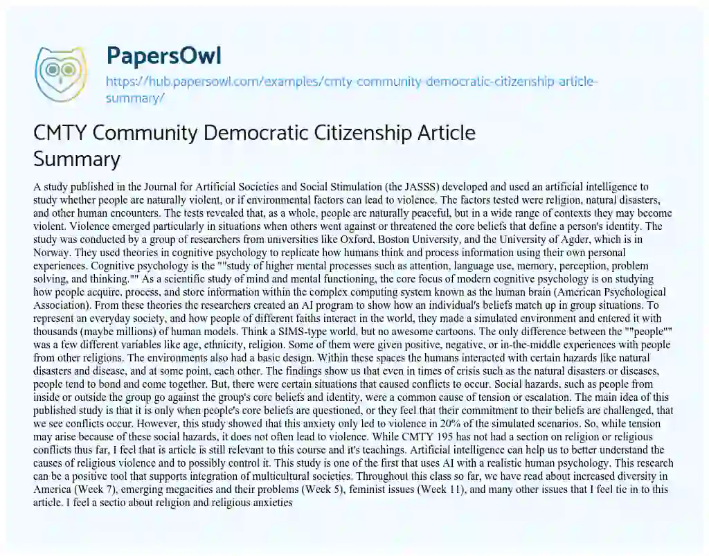 Essay on CMTY Community Democratic Citizenship Article Summary