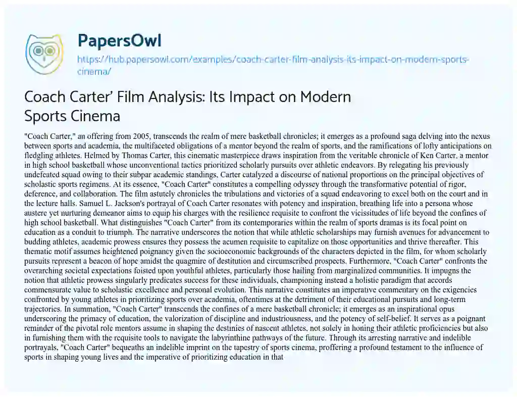 Essay on Coach Carter’ Film Analysis: Its Impact on Modern Sports Cinema