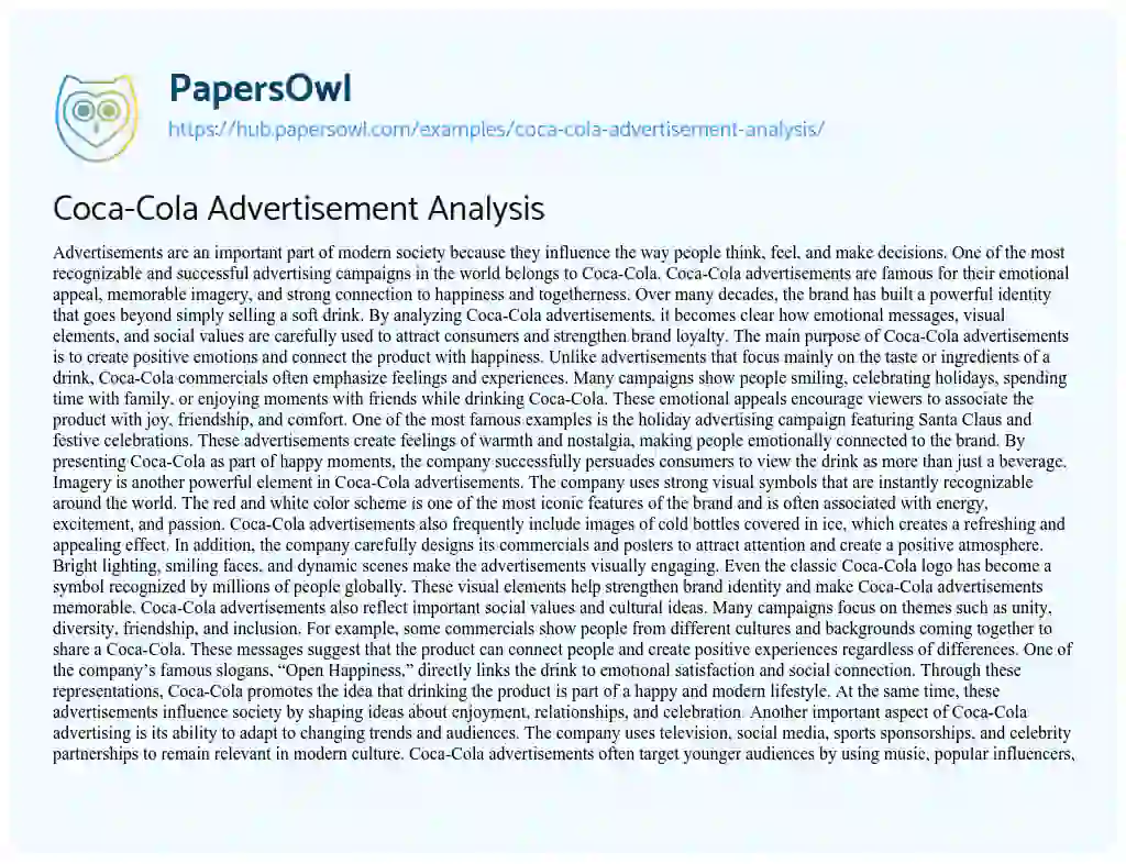 Essay on Coca-Cola Advertisement Analysis