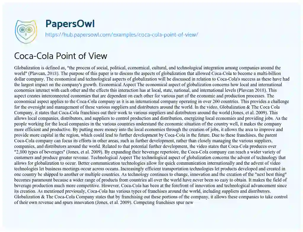 Essay on Coca-Cola Point of View