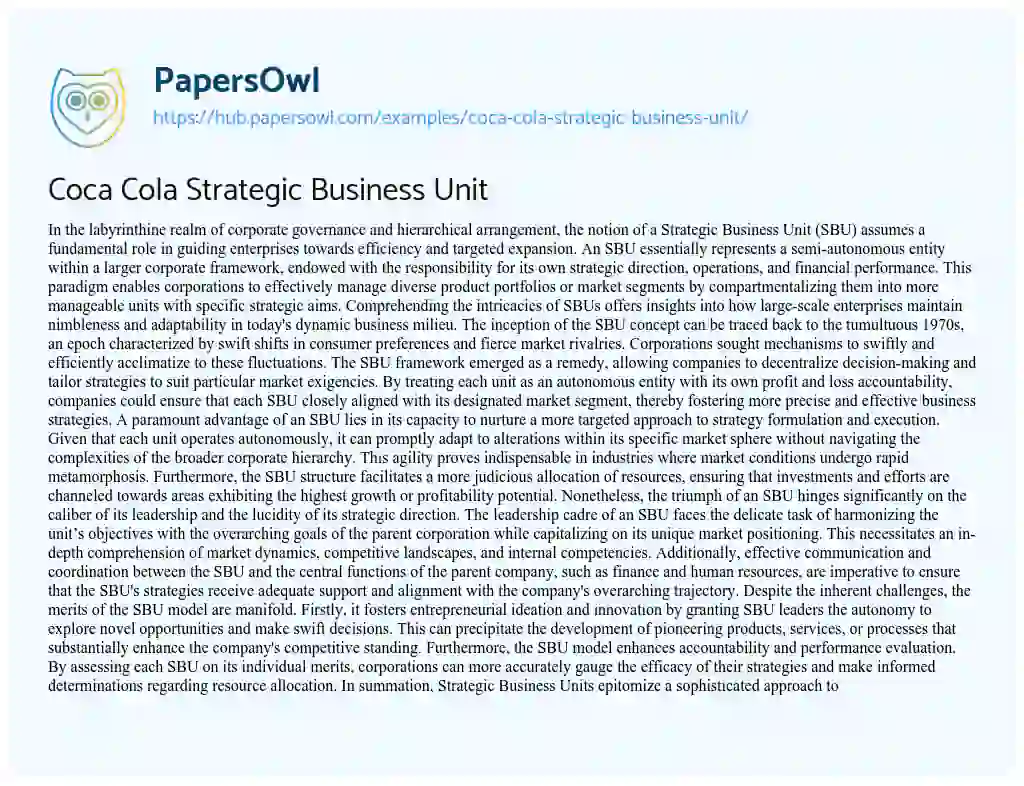 Essay on Coca Cola Strategic Business Unit