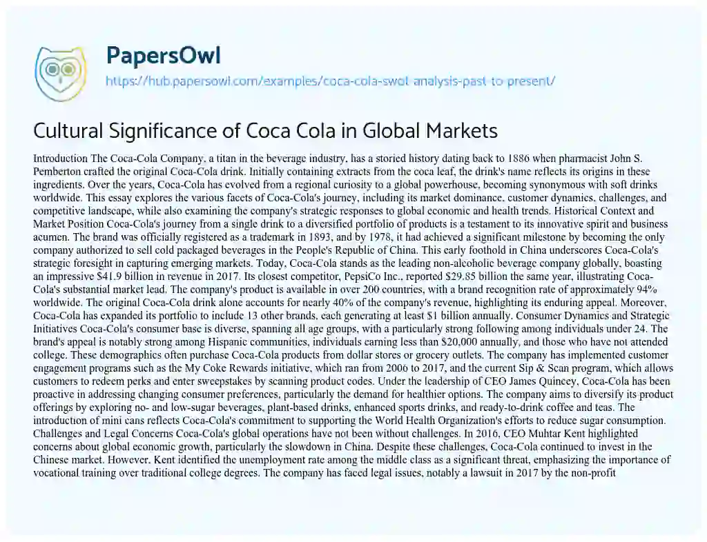 Essay on Cultural Significance of Coca Cola in Global Markets