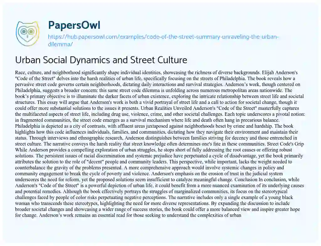 Essay on Urban Social Dynamics and Street Culture