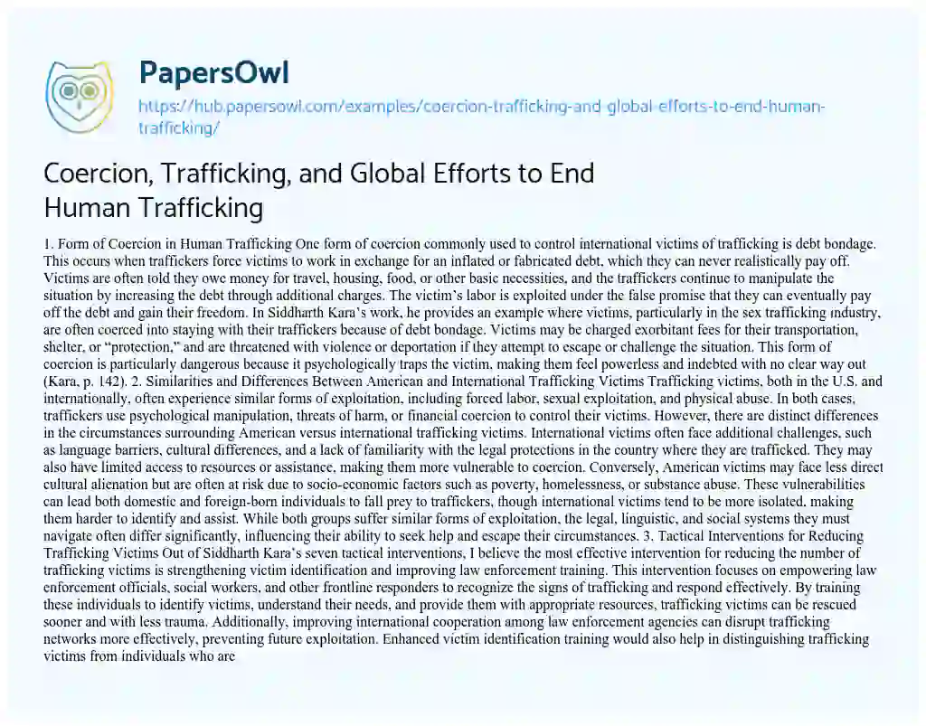 Essay on Coercion, Trafficking, and Global Efforts to End Human Trafficking