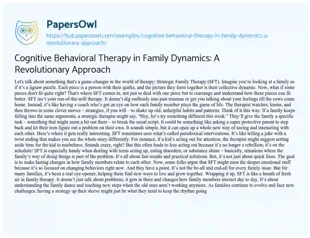 Essay on Cognitive Behavioral Therapy in Family Dynamics: A Revolutionary Approach