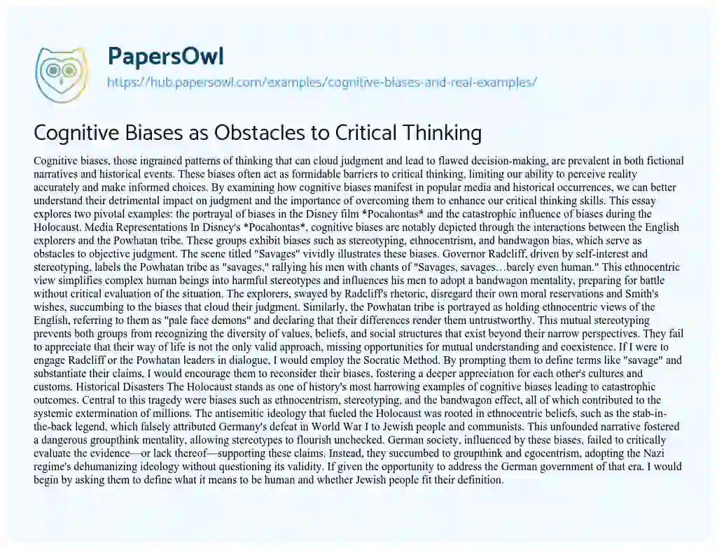 Essay on Cognitive Biases as Obstacles to Critical Thinking