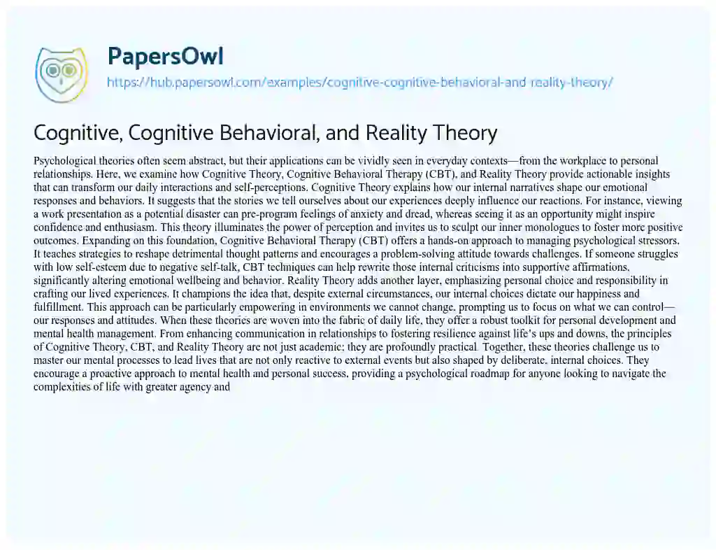 Essay on Cognitive, Cognitive Behavioral, and Reality Theory