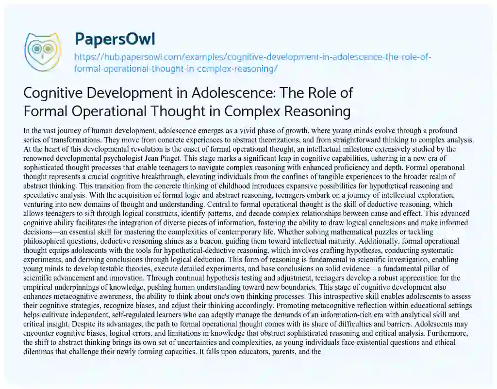 Essay on Cognitive Development in Adolescence: The Role of Formal Operational Thought in Complex Reasoning