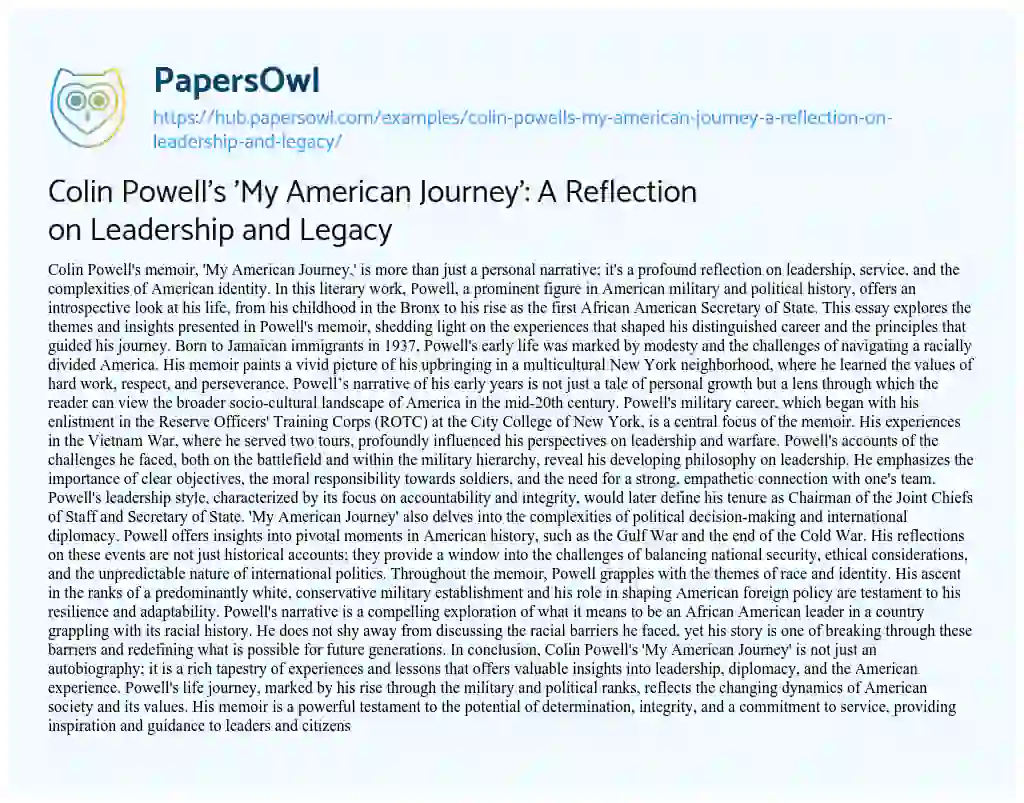 Essay on Colin Powell’s ‘My American Journey’: A Reflection on Leadership and Legacy
