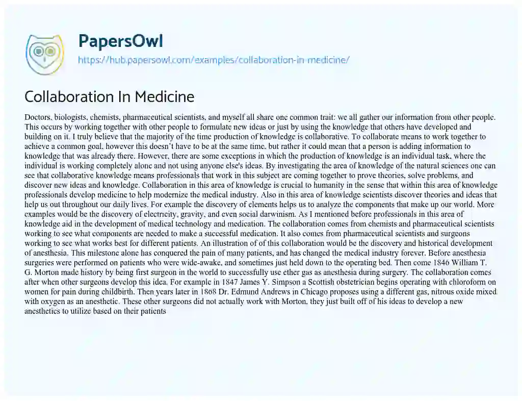 Essay on Collaboration In Medicine