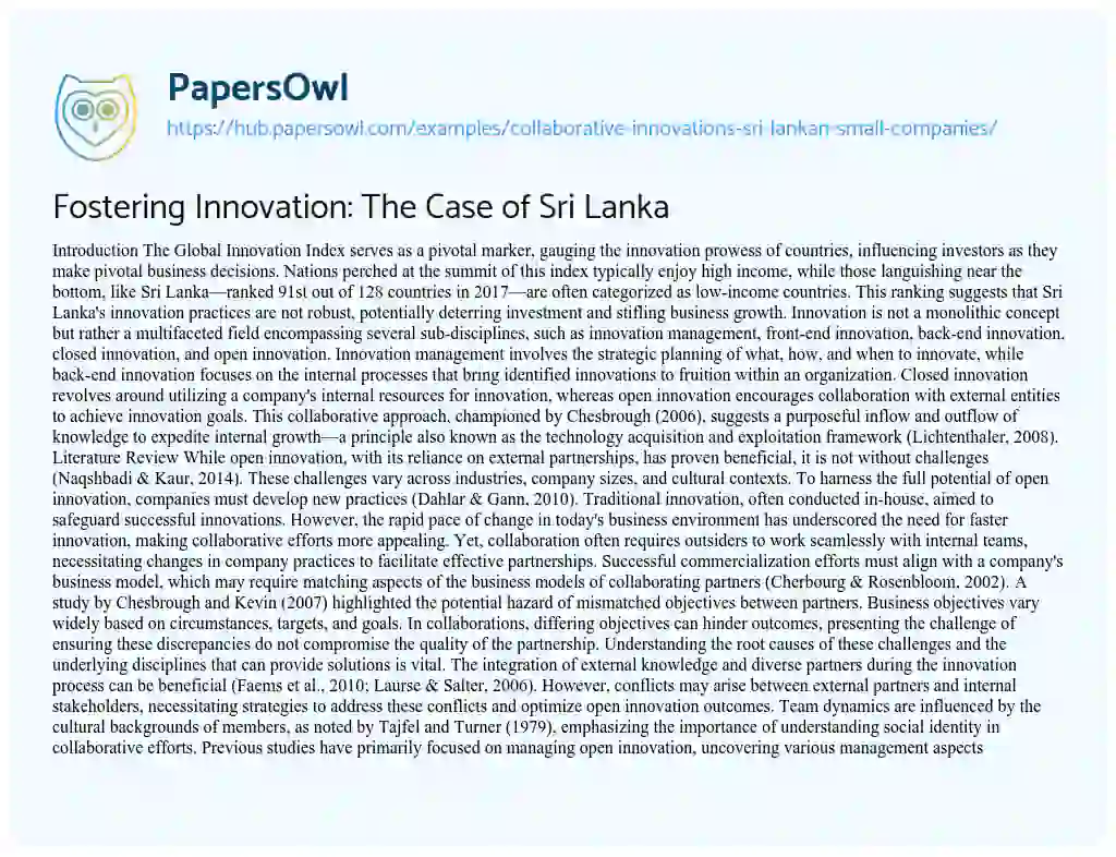 Essay on Fostering Innovation: The Case of Sri Lanka